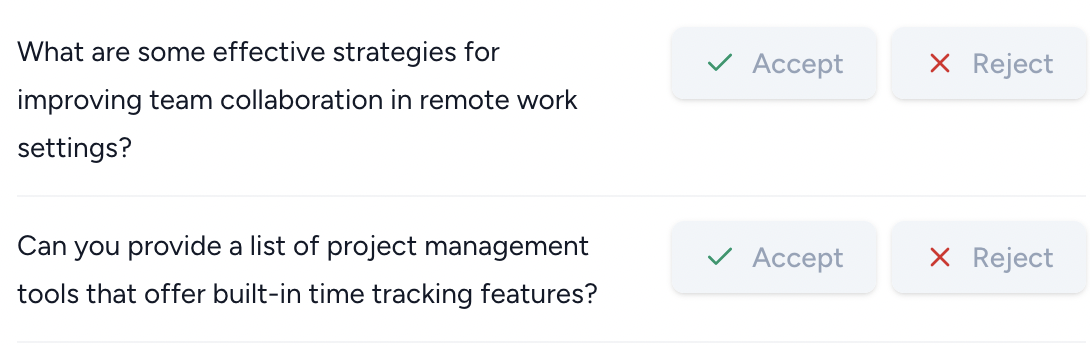Prompt suggestions interface with accept/reject buttons